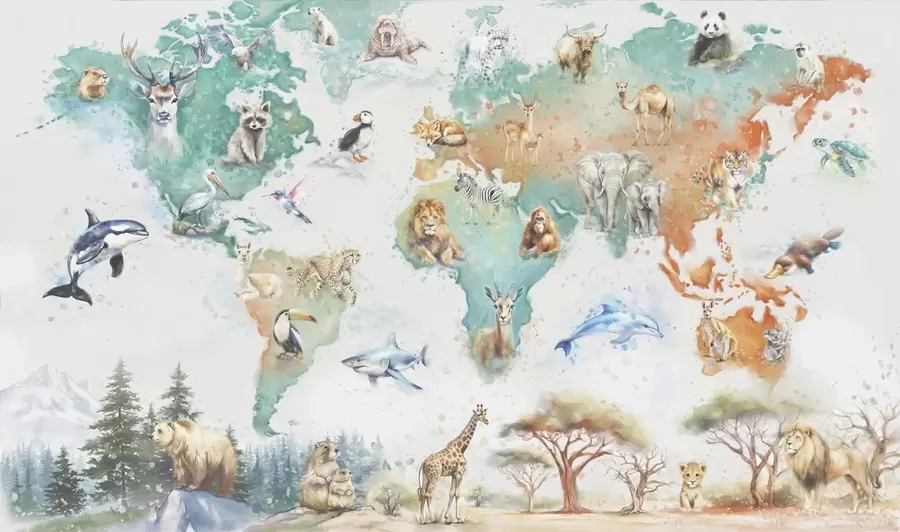 murales de pared Mapamundi con animales, estilo de ilustración educativa infantil w04148
