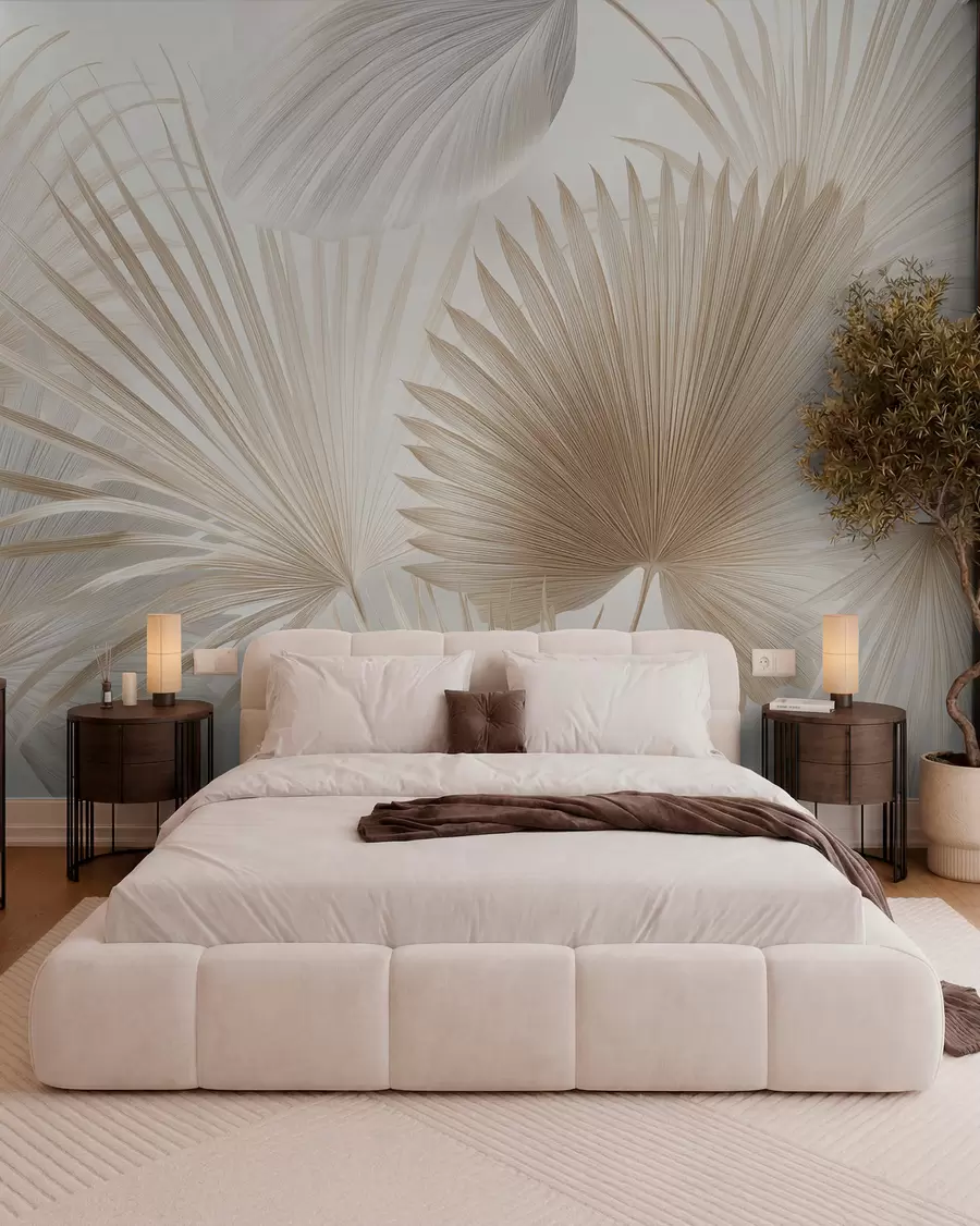 murales de pared Suaves abanicos de hojas tropicales en tonos beige claro y azulados w09084