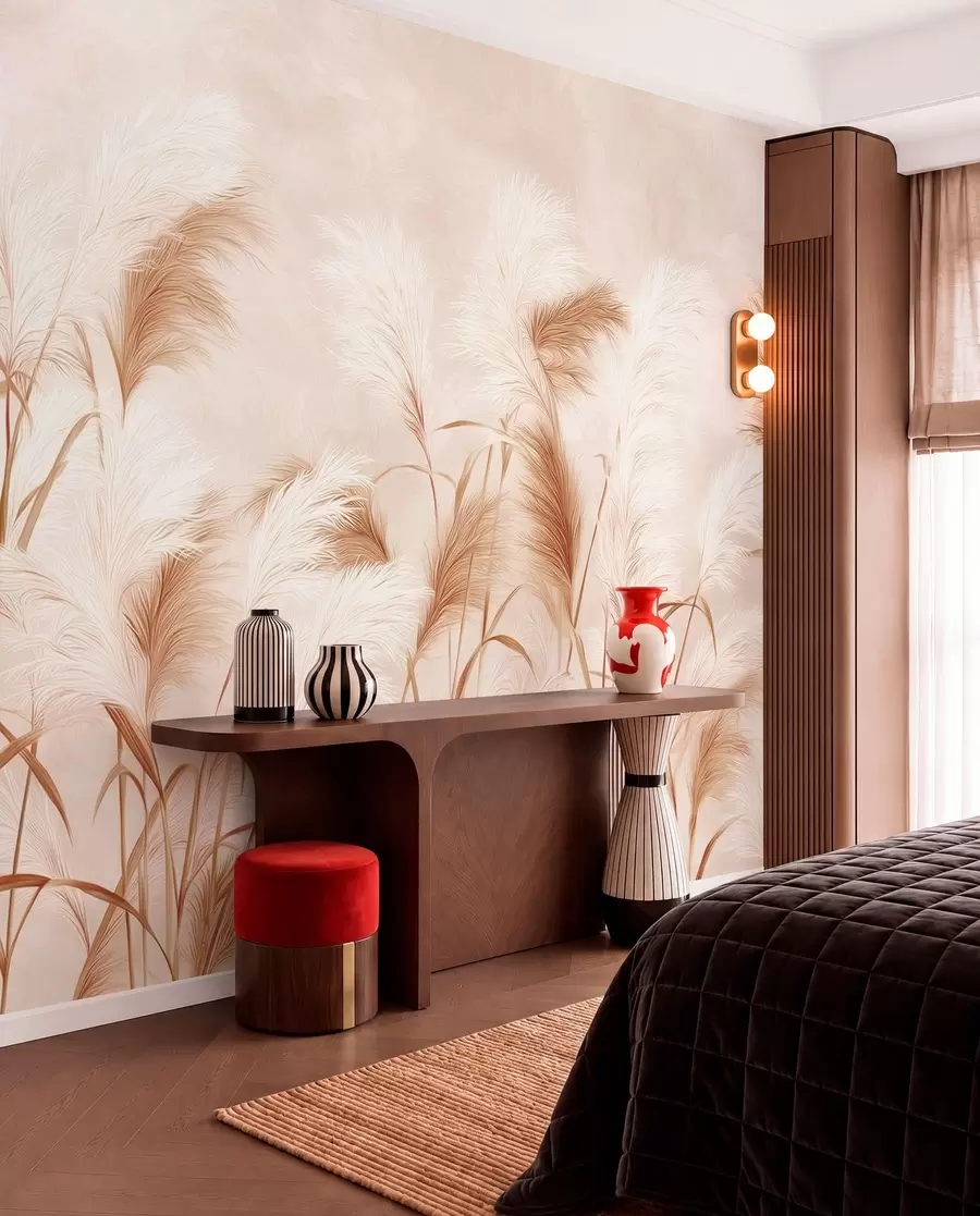 murales de pared Elegantes flores de hierba de la pampa en suaves tonos beige y lechosos w09150v1