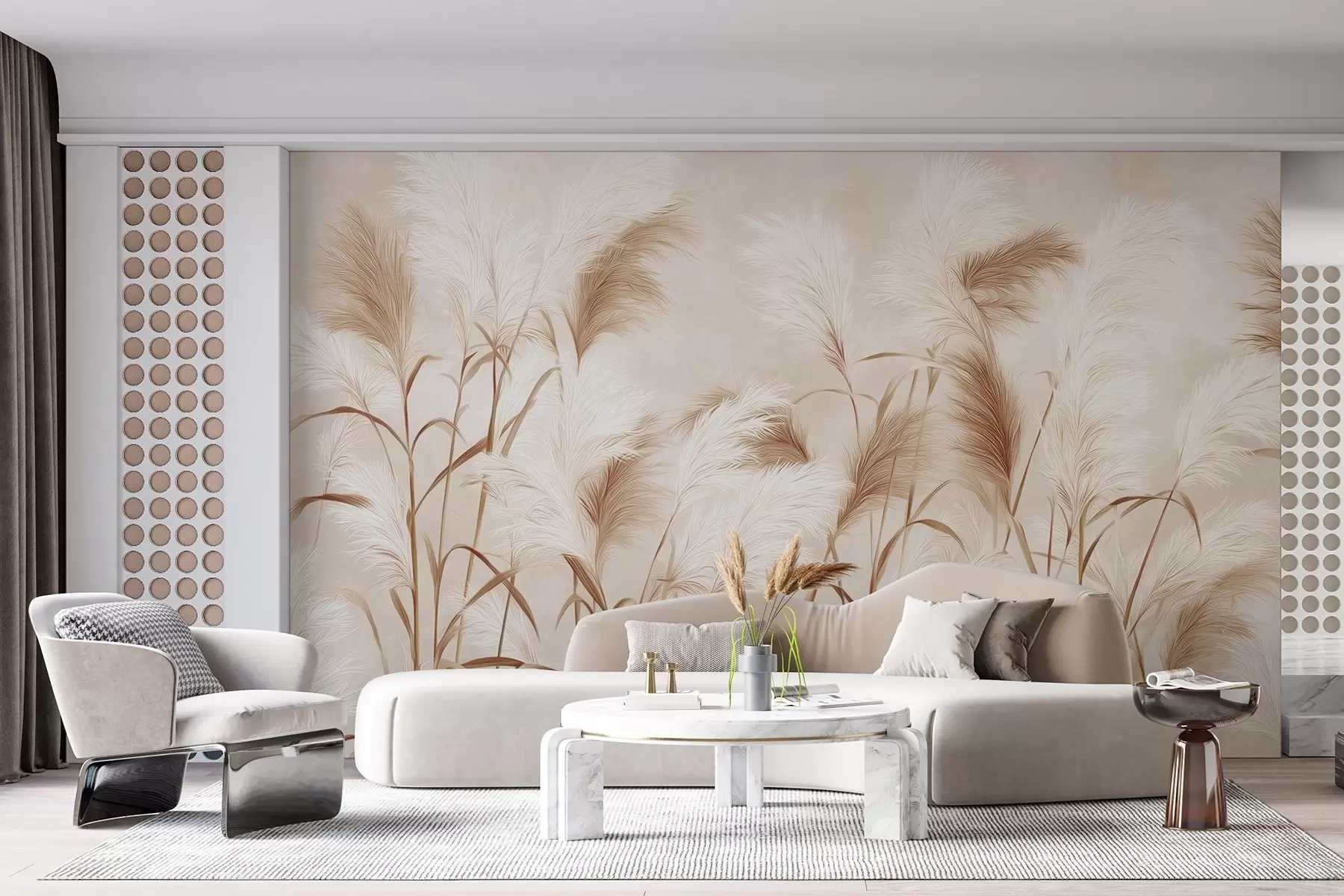 murales de pared Elegantes flores de hierba de la pampa en suaves tonos beige y lechosos w09150v1
