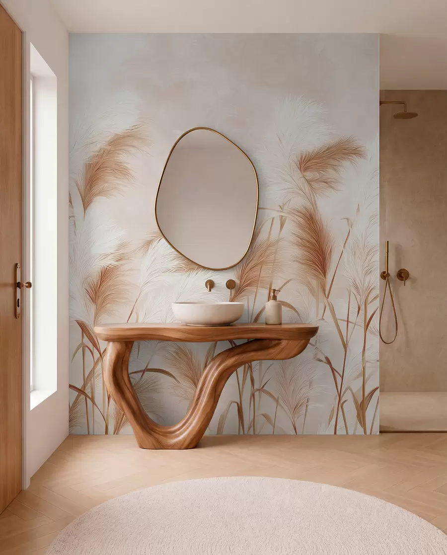 murales de pared Elegantes flores de hierba de la pampa en suaves tonos beige y lechosos w09150v1