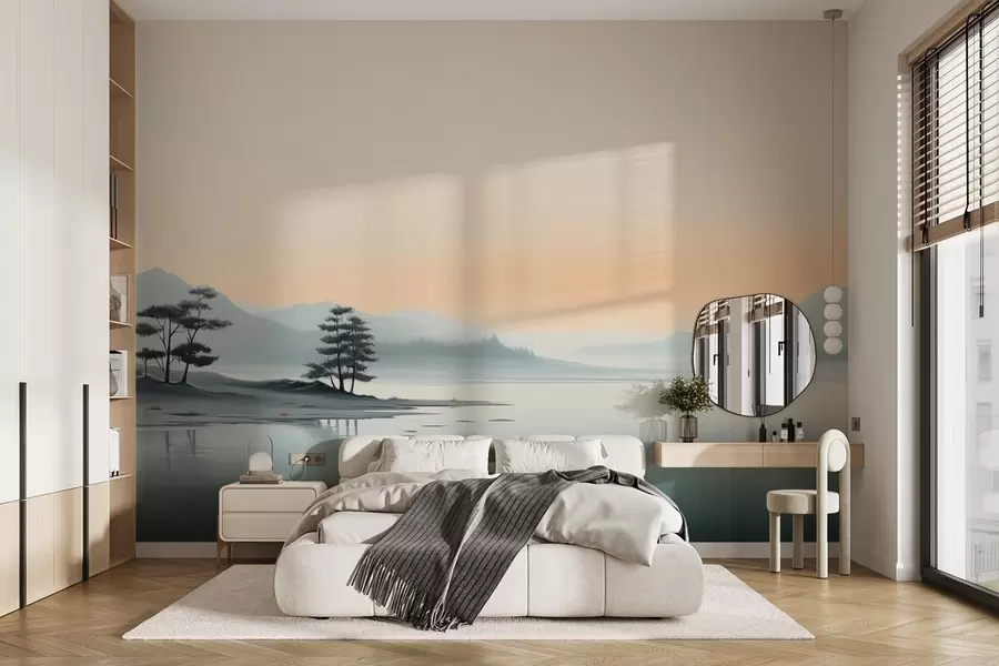 murales de pared Paisaje minimalista con montañas neblinosas y un lago w09151