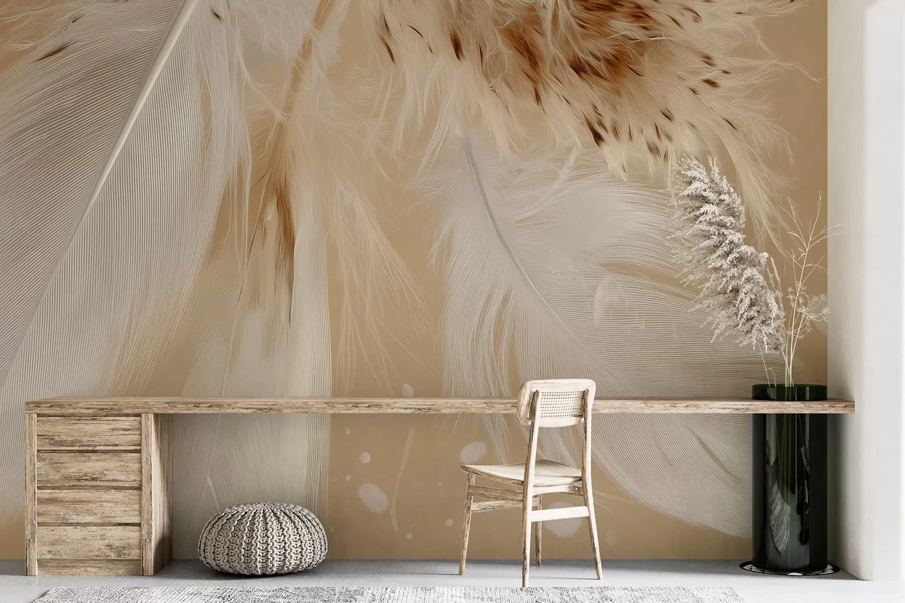 murales de pared Plumas claras en cálidos tonos beige y blanco w09153