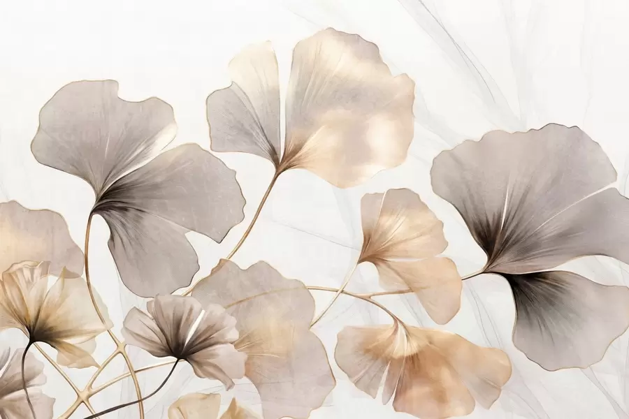 murales de pared Hojas de Ginkgo biloba en tonos beige, amarillo y marrón, delicado efecto de acuarela texturizada, fondo claro w09215