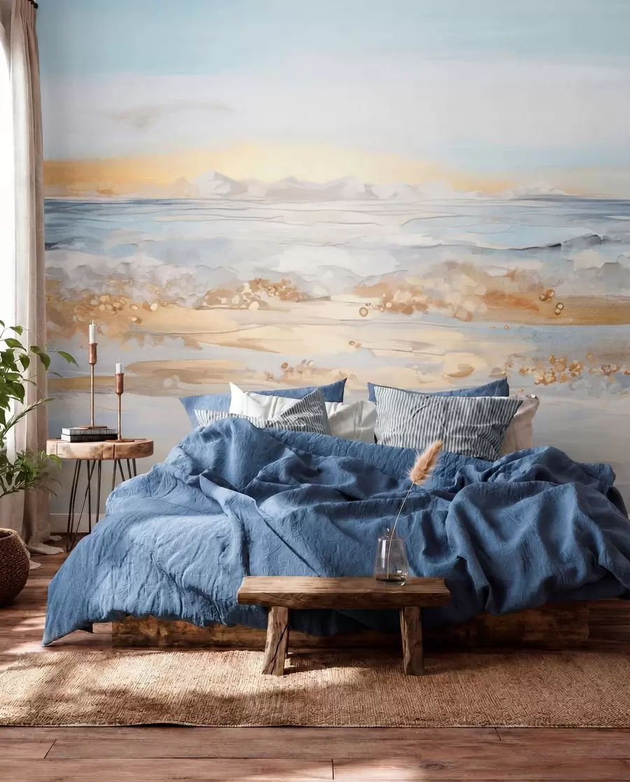 murales de pared Paisaje abstracto con textura de olas del mar rompiendo en una playa de arena, colores pastel suaves, cielo azul con nubes ligeras w09234
