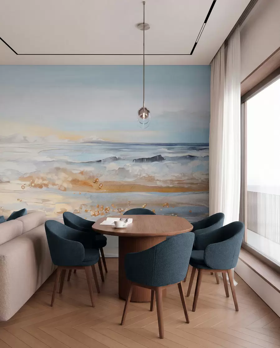 murales de pared Paisaje abstracto con textura de olas del mar rompiendo en una playa de arena, colores pastel suaves, cielo azul con nubes ligeras w09234