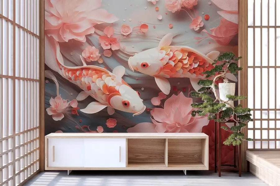 murales de pared Delicados peces con escamas dimensionales nadan a través de un flujo de pétalos y suaves tonos rosados w09237