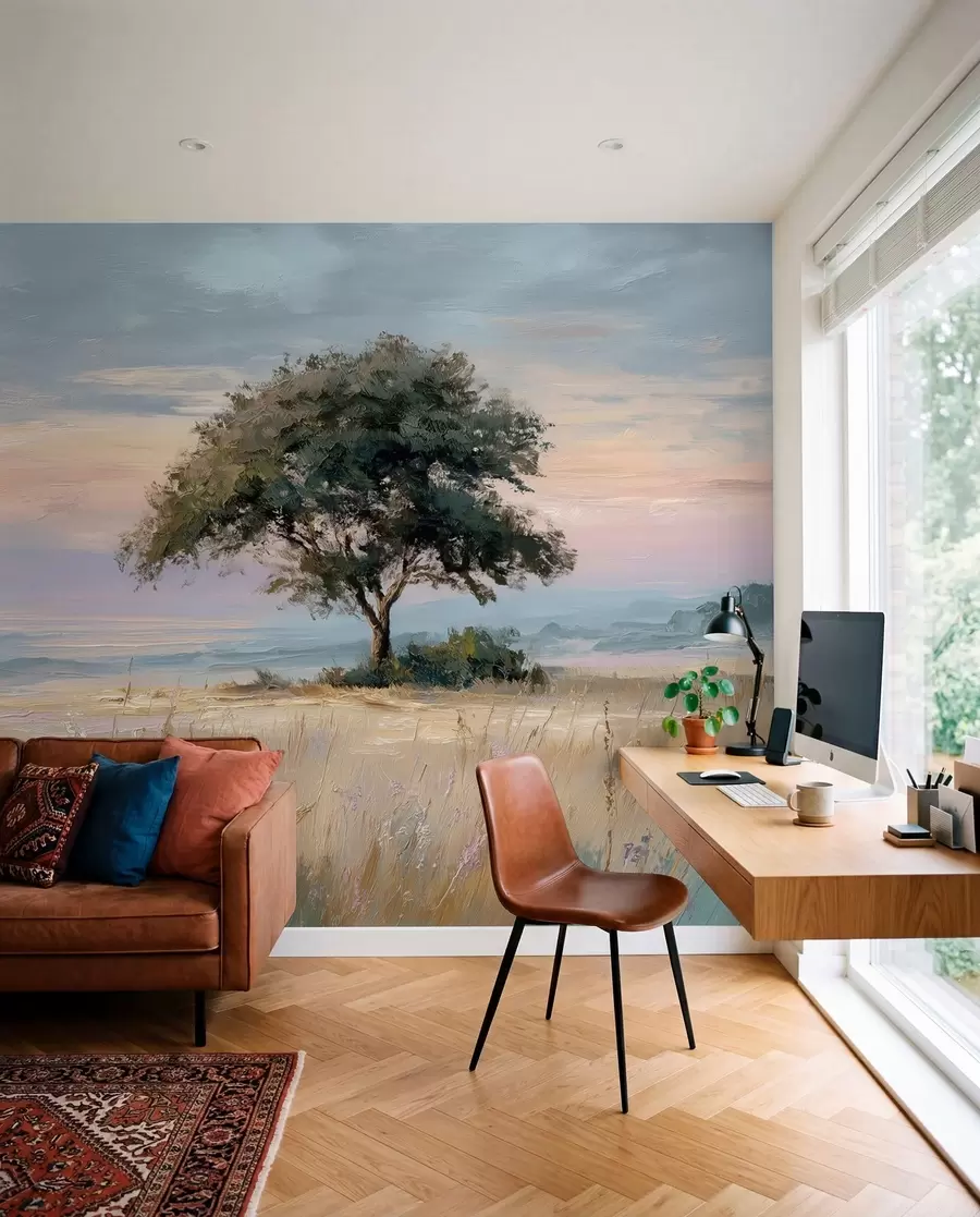 murales de pared árbol en medio de un campo en el estilo de la pintura al óleo w04206