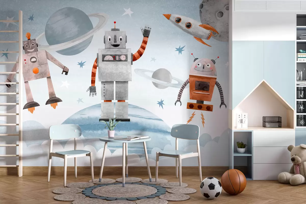 murales de pared Robots en el espacio en estilo acuarela w04016