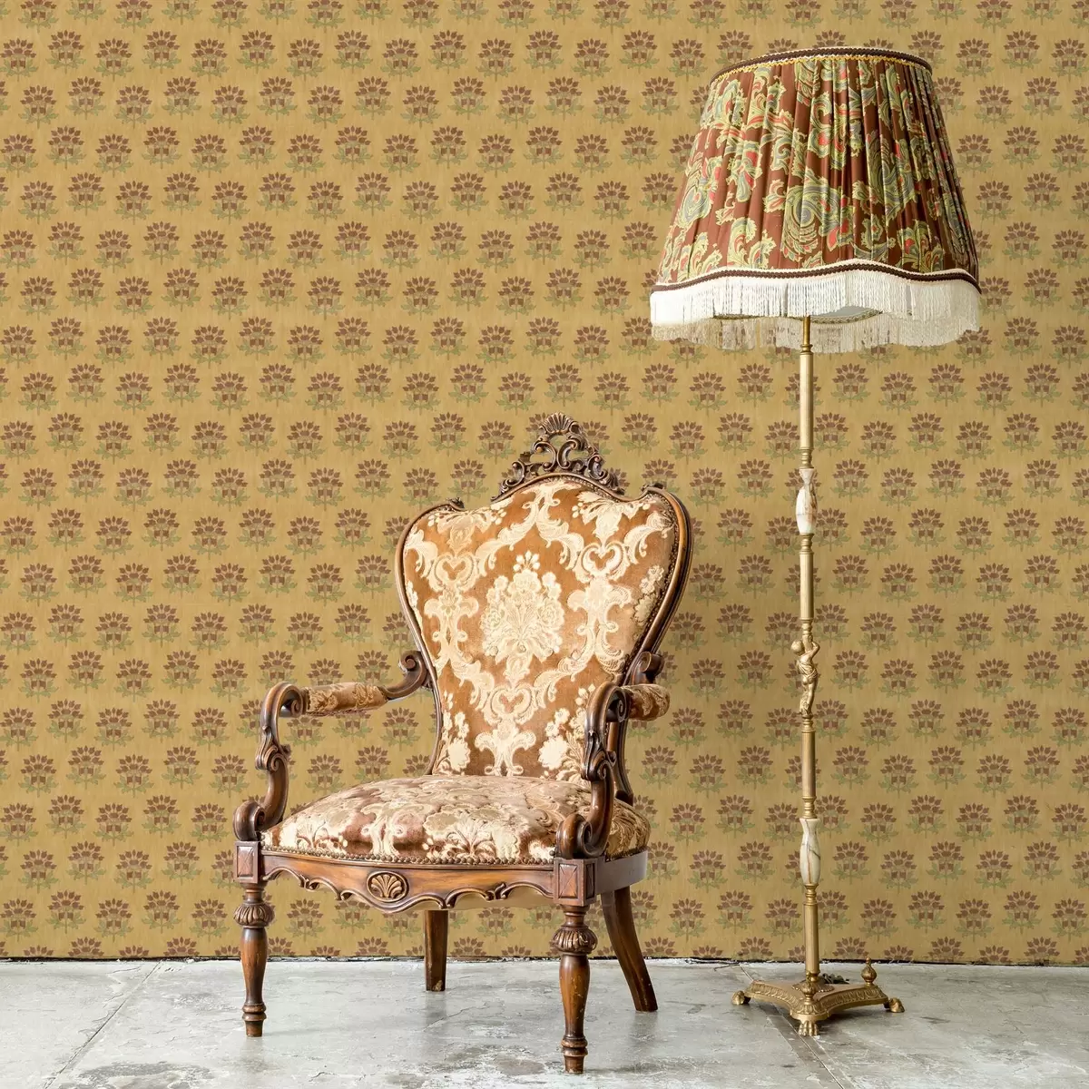 Papel pintado Motivo floral retro con lotos sobre fondo amarillo a00238