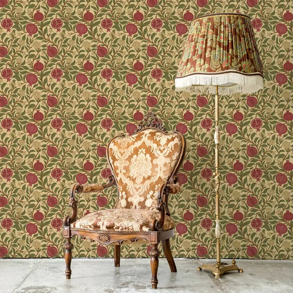 Papel pintado Granadas y flores al estilo de William Morris a00240