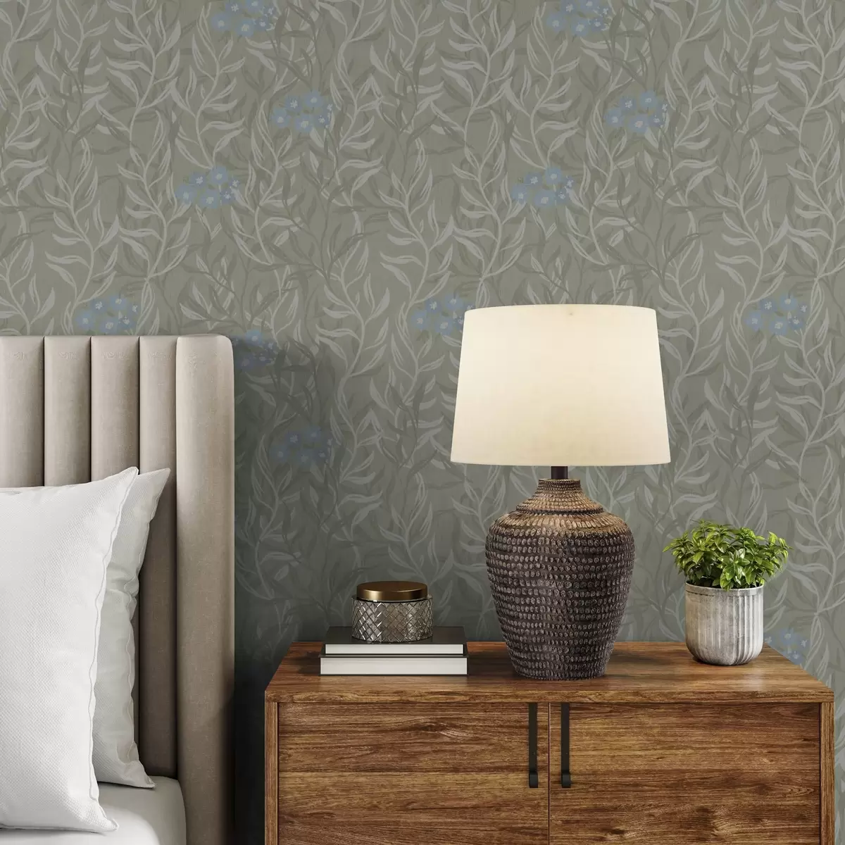 Papel pintado Fondo verde con ramas blancas y flores azules a00268v1