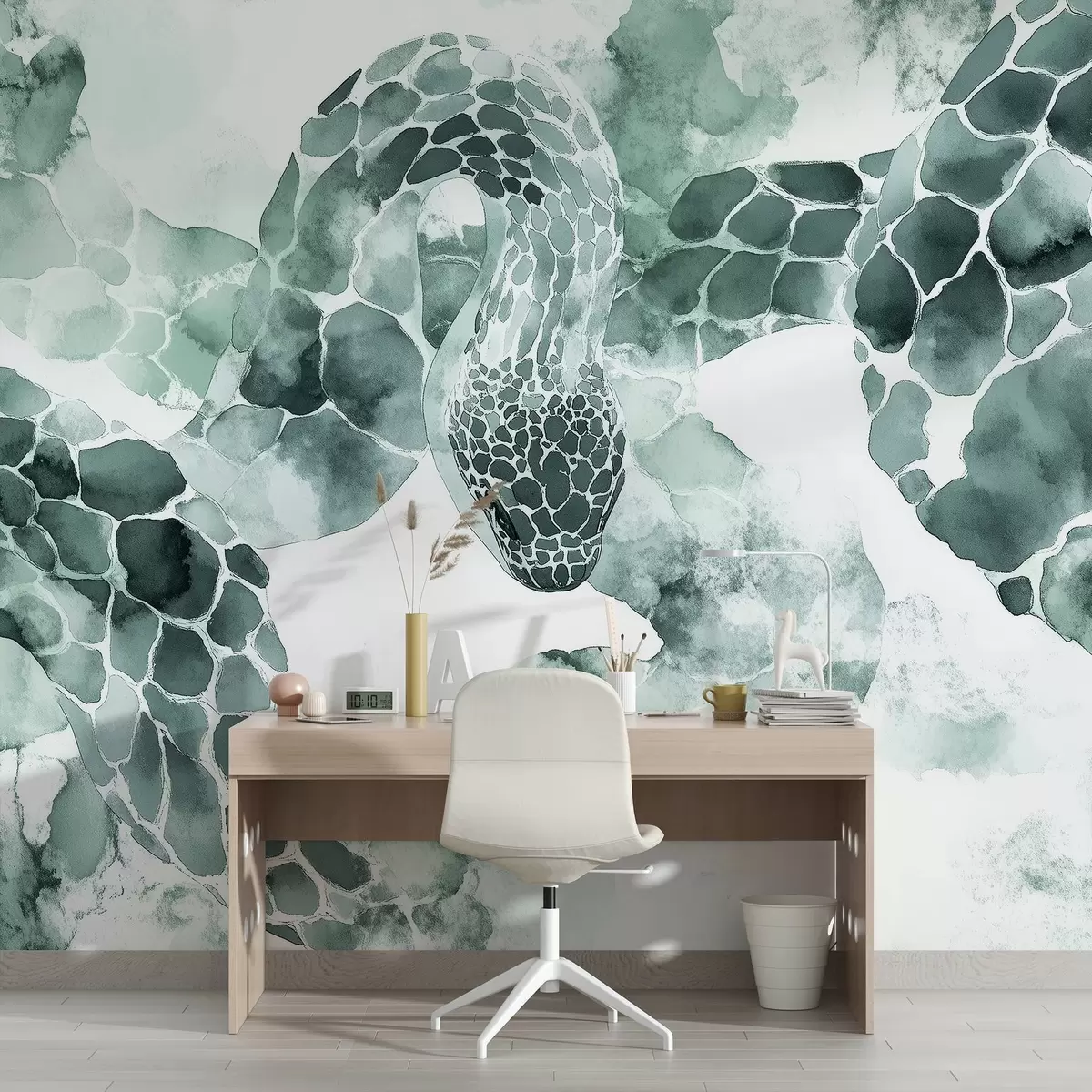 murales de pared Silueta de serpiente, estilo acuarela, colores verdes w04113v2