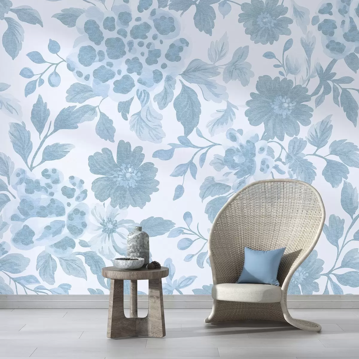 murales de pared Flores estilo boho con estampado de leopardo, color azul w04114v1