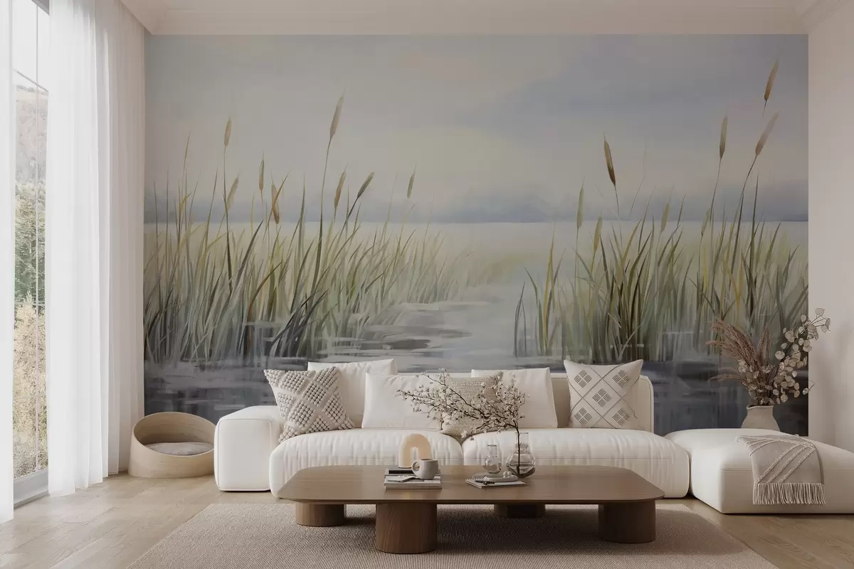murales de pared Una acuarela textura pintura imitación de paisaje con lago, hierba, cielo nublado y fondo borroso w09219