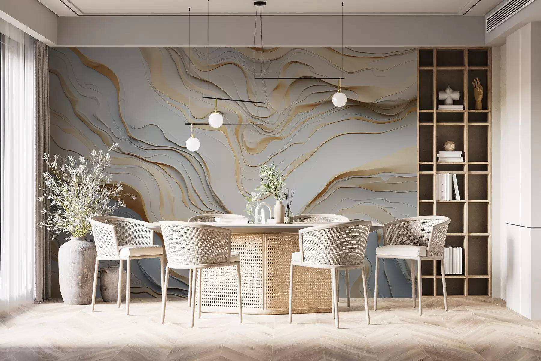 murales de pared capas, ondas, abstracción, beige, gris, suavidad, moderno w04255