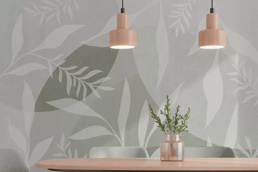 murales de pared Siluetas de ramitas sobre un fondo de círculos abstractos, tonos verdes w04270v2