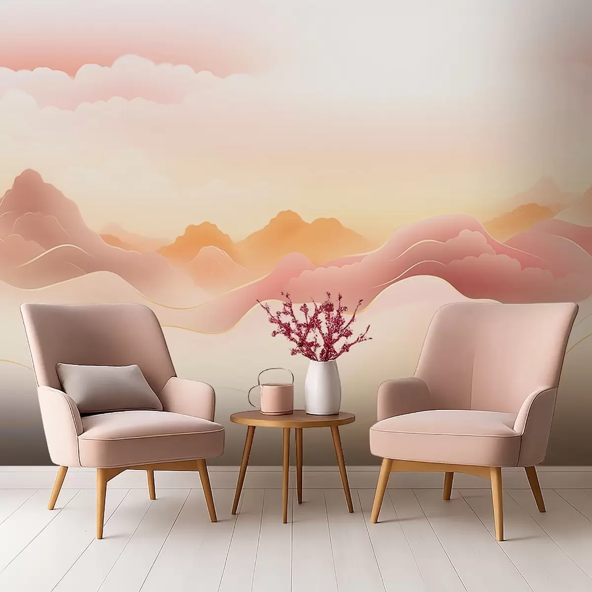 murales de pared Montañas neblinosas bajo un cálido amanecer w09242