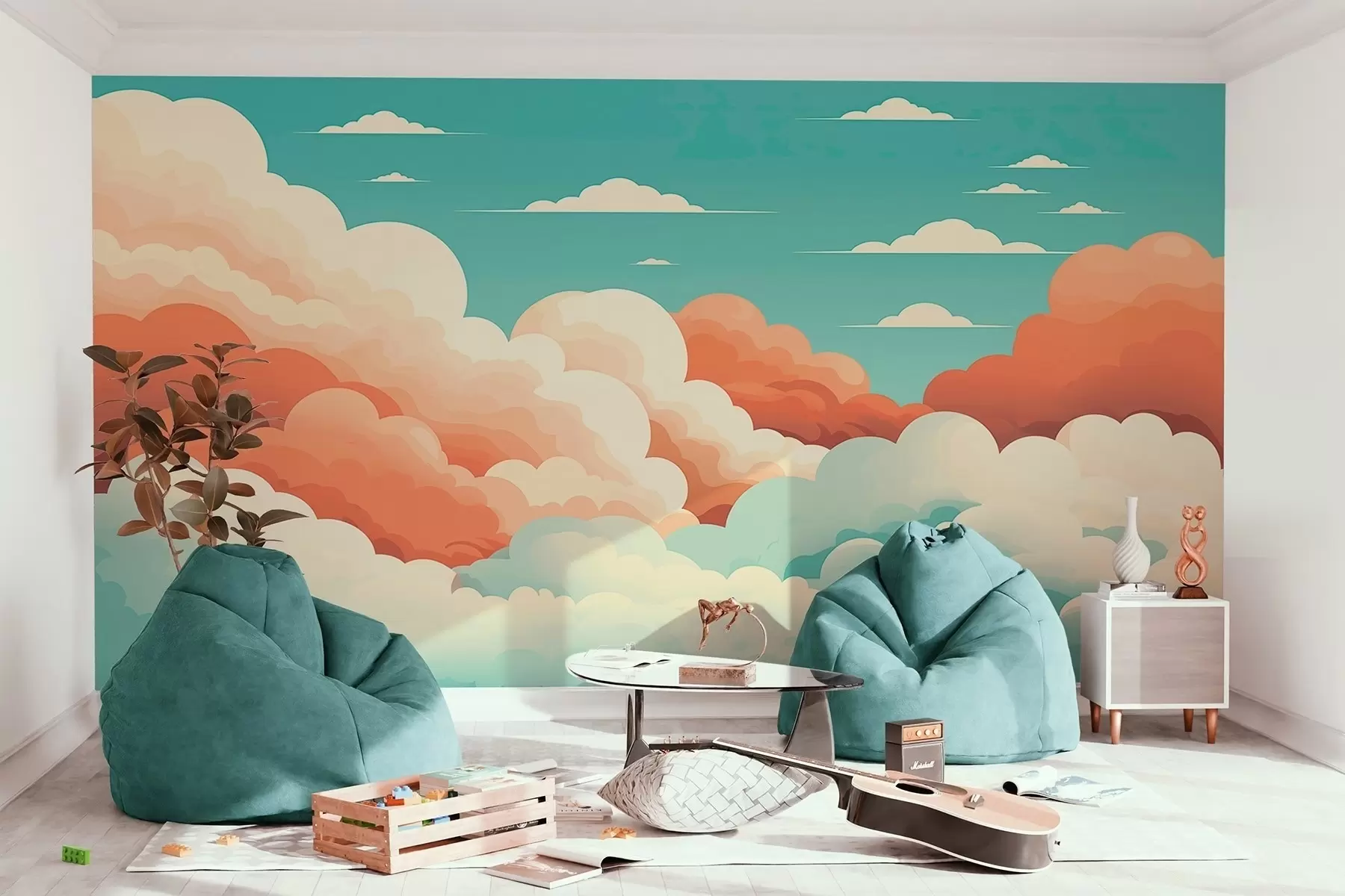 murales de pared Caprichosas nubes de dibujos animados bajo un cielo azul w09246