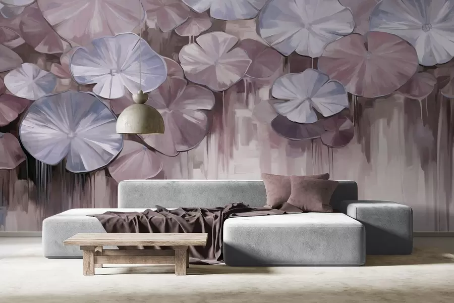 murales de pared Nenúfares texturizados con colores violeta y azul en un estanque, el fondo es una mezcla borrosa de suaves tonos morados w09255v1