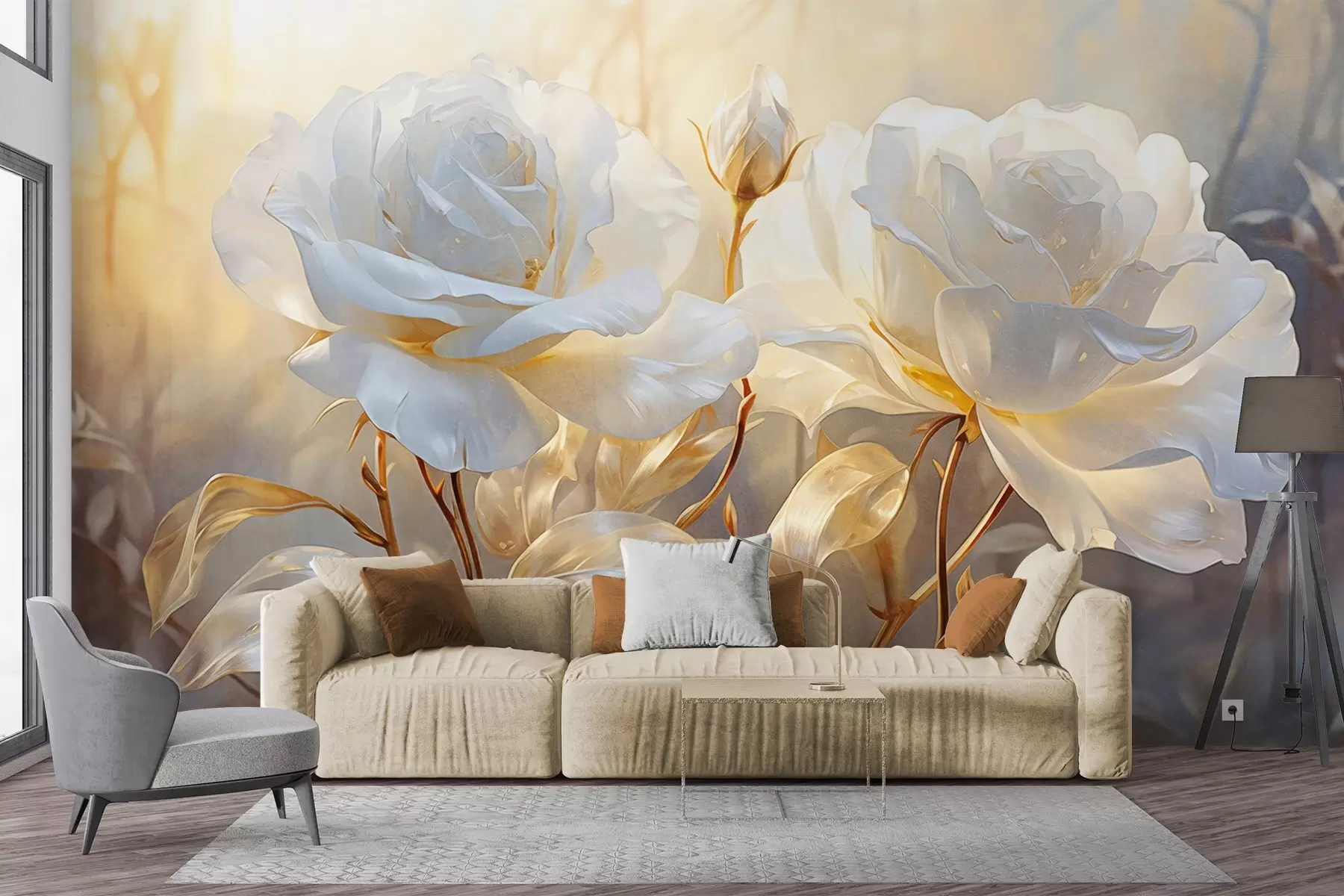 murales de pared Rosas blancas texturizadas con tallos y hojas amarillas, iluminación suave, fondo claro con formas florales difuminadas w09258