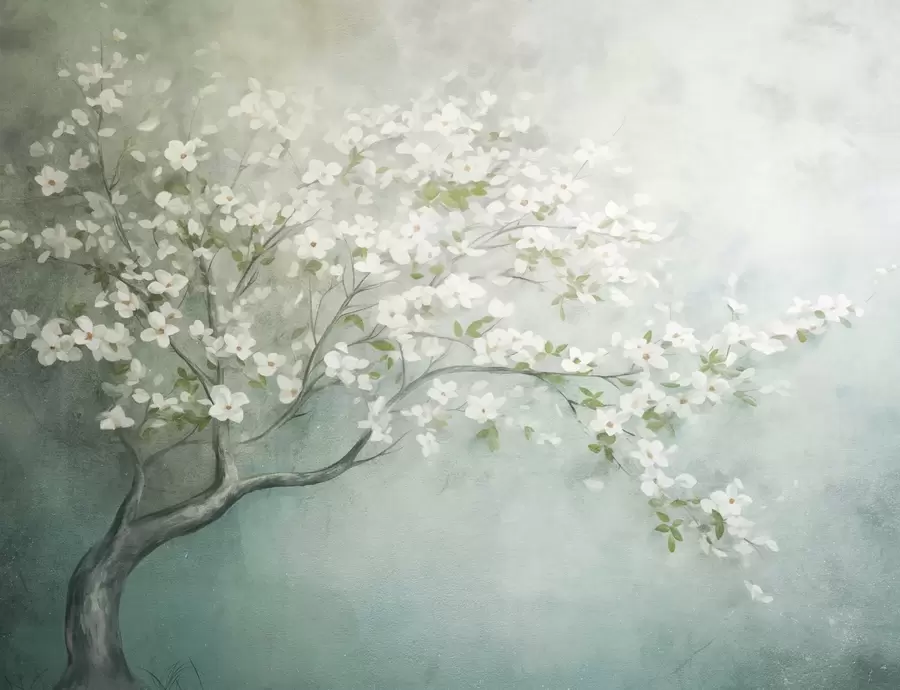 murales de pared Un árbol en flor con flores blancas en plena floración, sobre un fondo granulado de textura ruidosa de azules y verdes apagados w09261