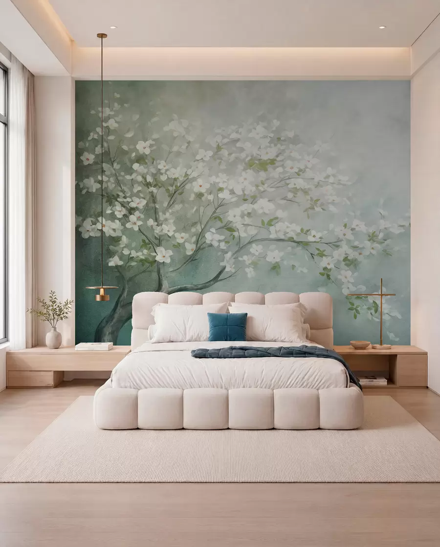 murales de pared Un árbol en flor con flores blancas en plena floración, sobre un fondo granulado de textura ruidosa de azules y verdes apagados w09261