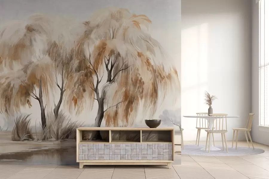 murales de pared Sauces texturizados con hojas marrones y blancas en la orilla de un lago, con algo de hierba a su alrededor, en un día brumoso w09268