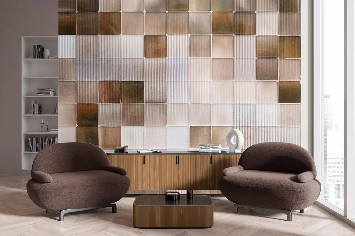 murales de pared Azulejos cuadrados de mosaico de piedra en tonos marrón, beige y blanco con una textura abstracta estriada y ruidosa w09269