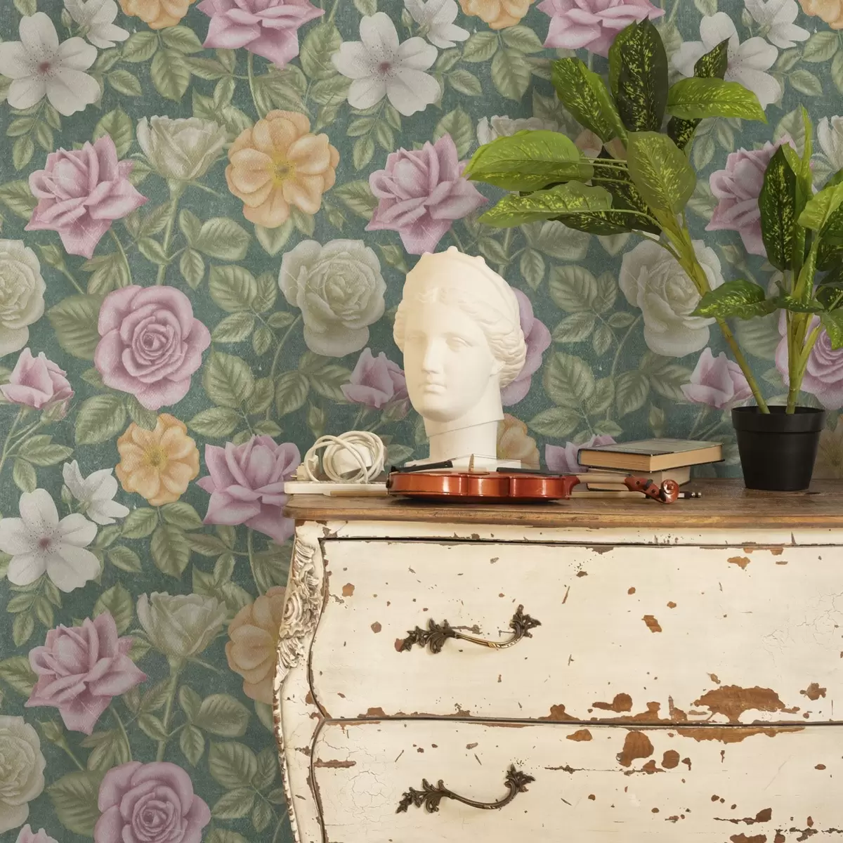 Papel pintado Crema rosa y rosas amarillas sobre fondo verde a00300