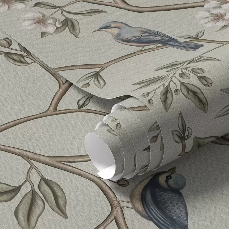 murales de pared Ramas con pájaros y flores blancas sobre un fondo delicado a00303