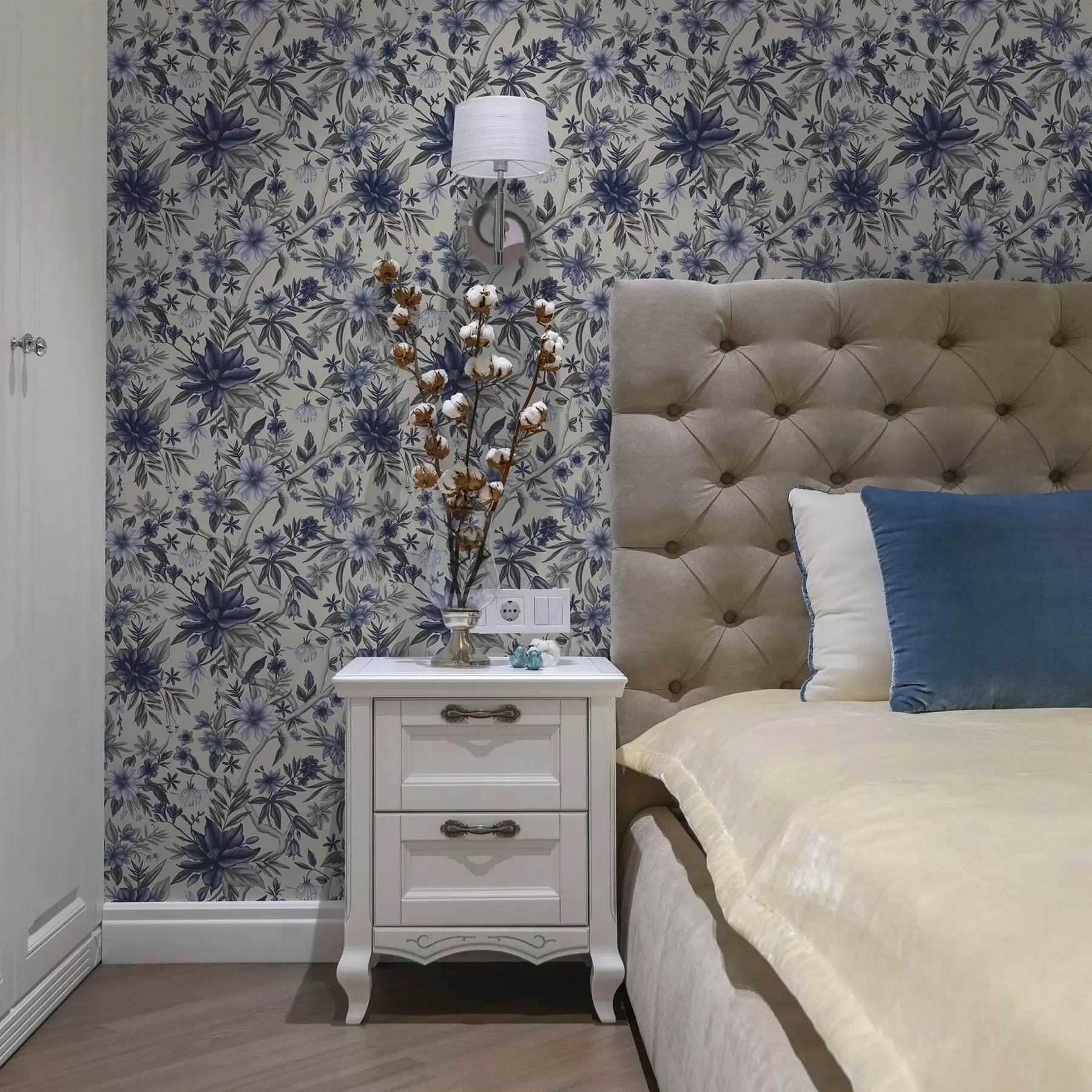 murales de pared Flores azules y grises sobre fondo claro a00304