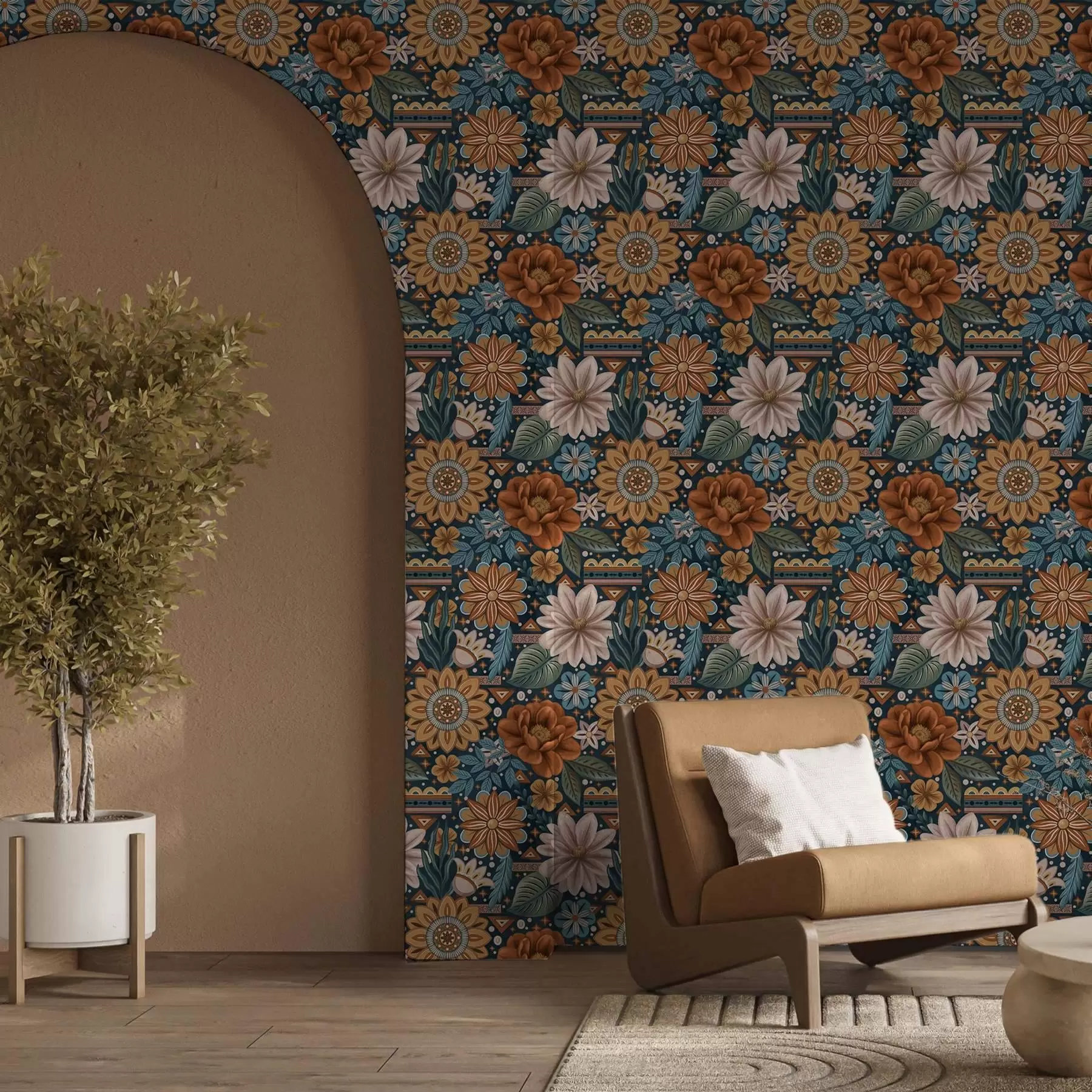 murales de pared Flores decorativas brillantes con elementos geométricos a00305