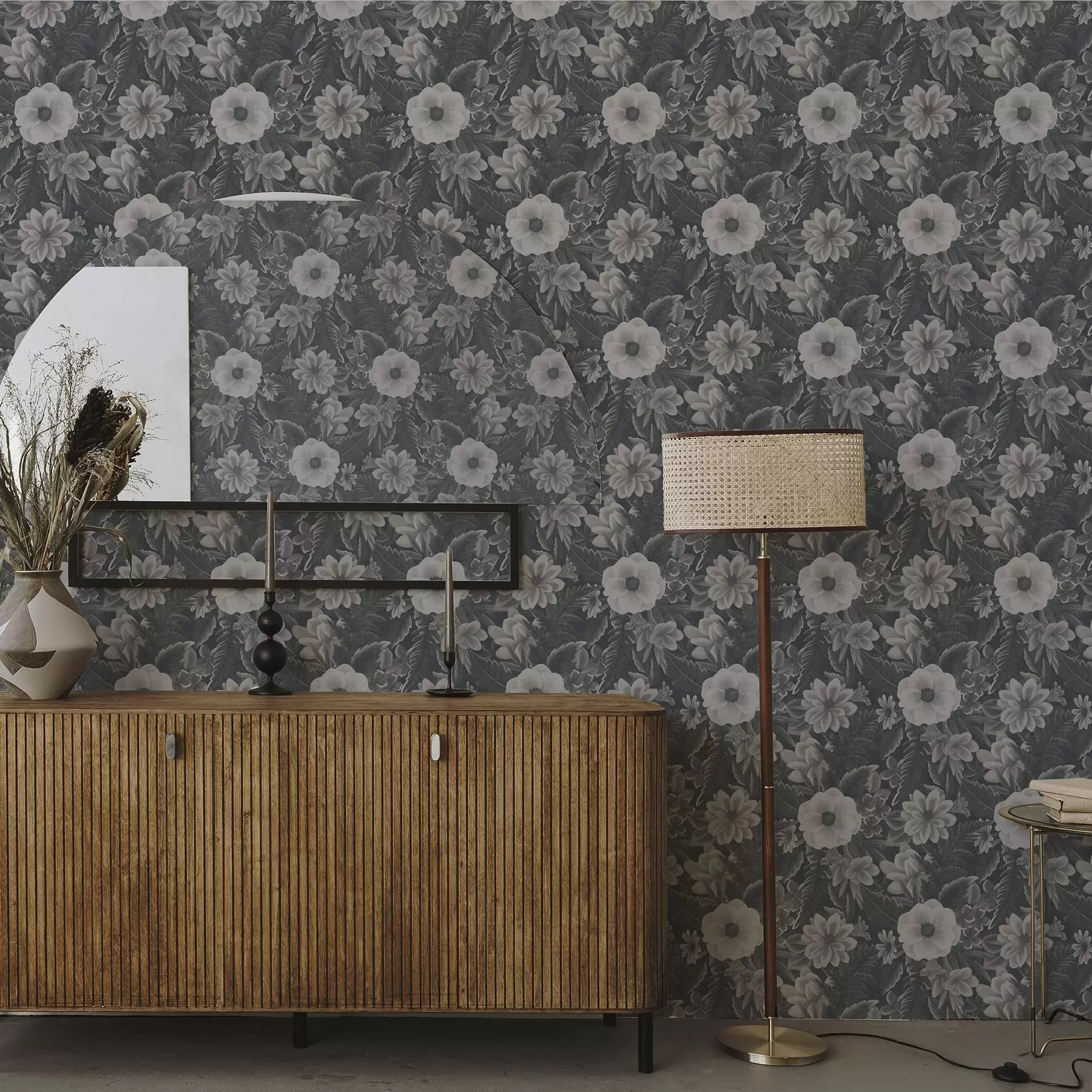 murales de pared Estampado floral gris y blanco con efecto retro a00307