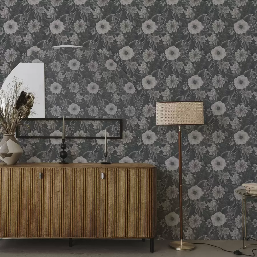 murales de pared Estampado floral gris y blanco con efecto retro a00307