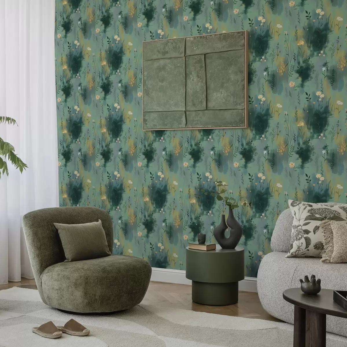 Papel pintado Abstracción acuarela con flores sobre fondo verde a00312