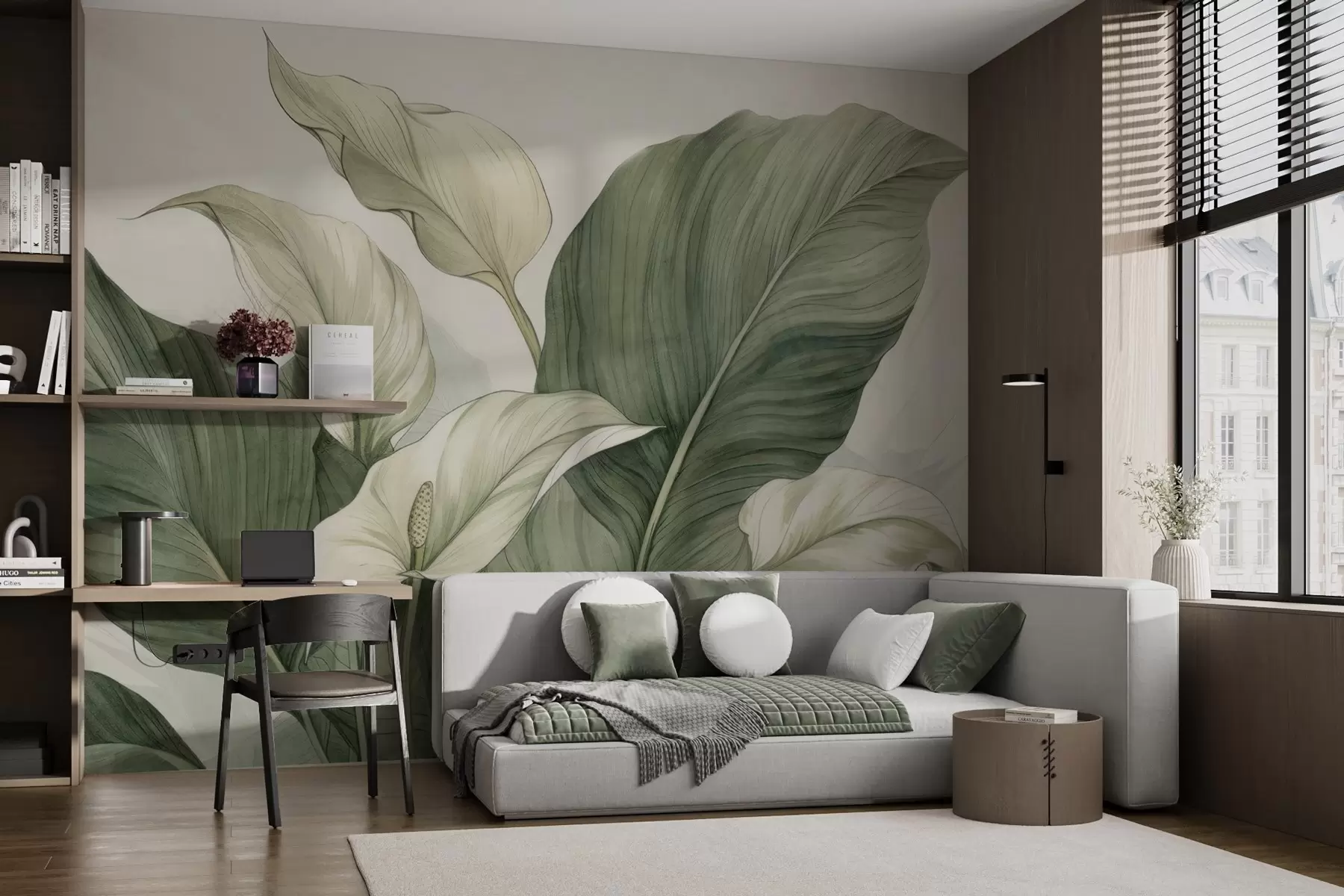 murales de pared Primer plano de spathiphyllum en flor con hojas grandes w04263