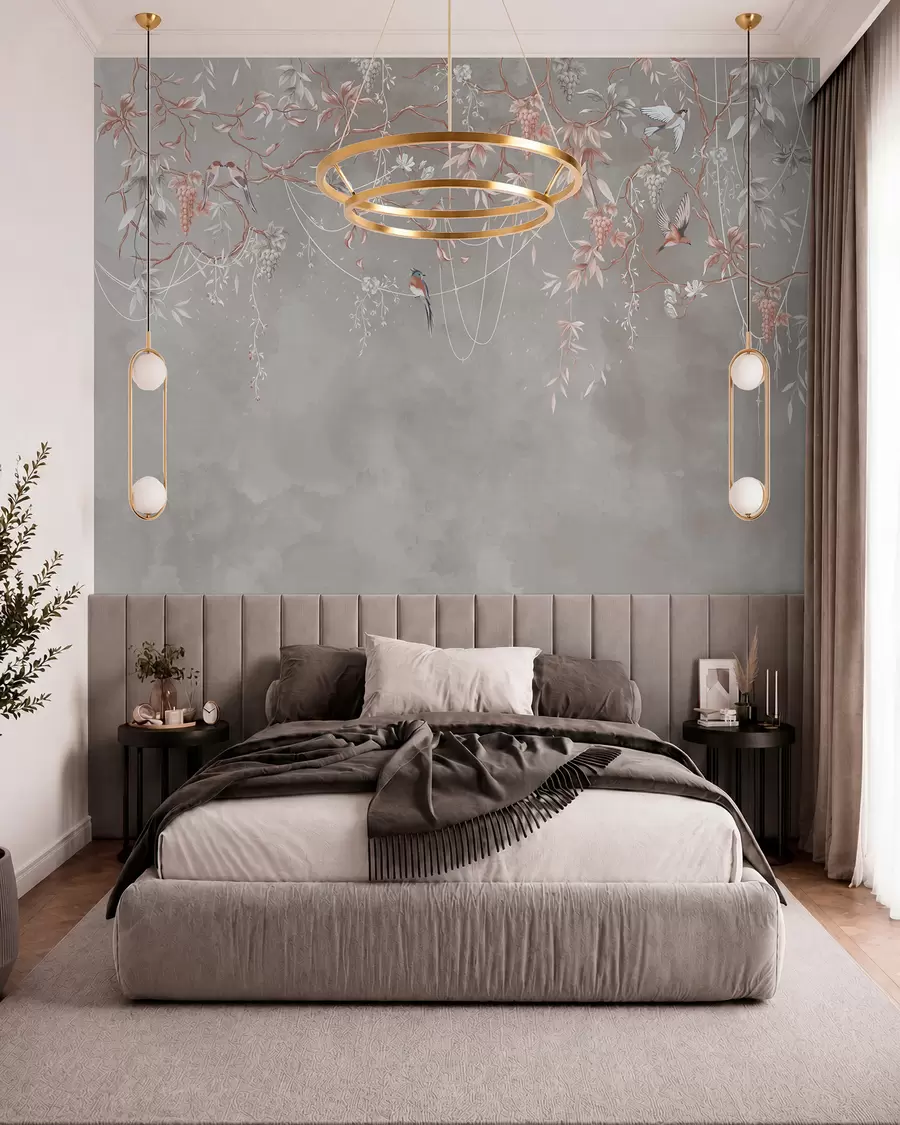 murales de pared Ramas con uvas y pájaros sobre fondo gris rosado cálido w04302