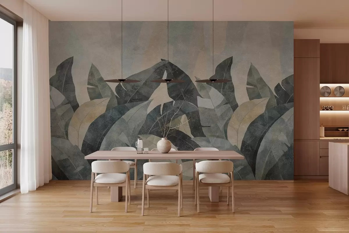 murales de pared hojas de plátano texturizadas en tonos naturales de beige, verde y gris w04285