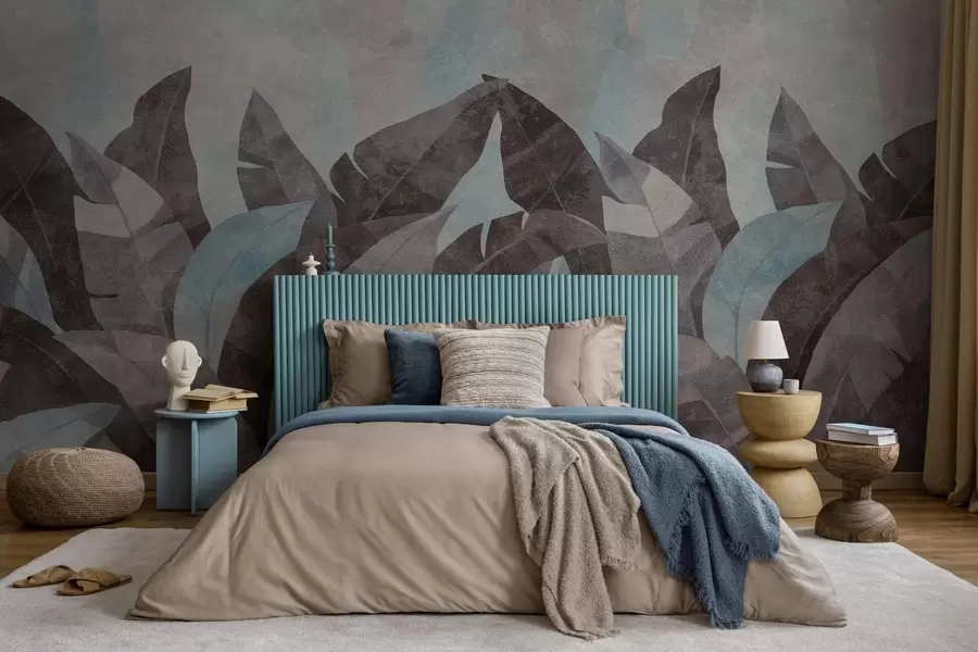 murales de pared hojas de plátano texturizadas en tonos azules y grises w04285v2