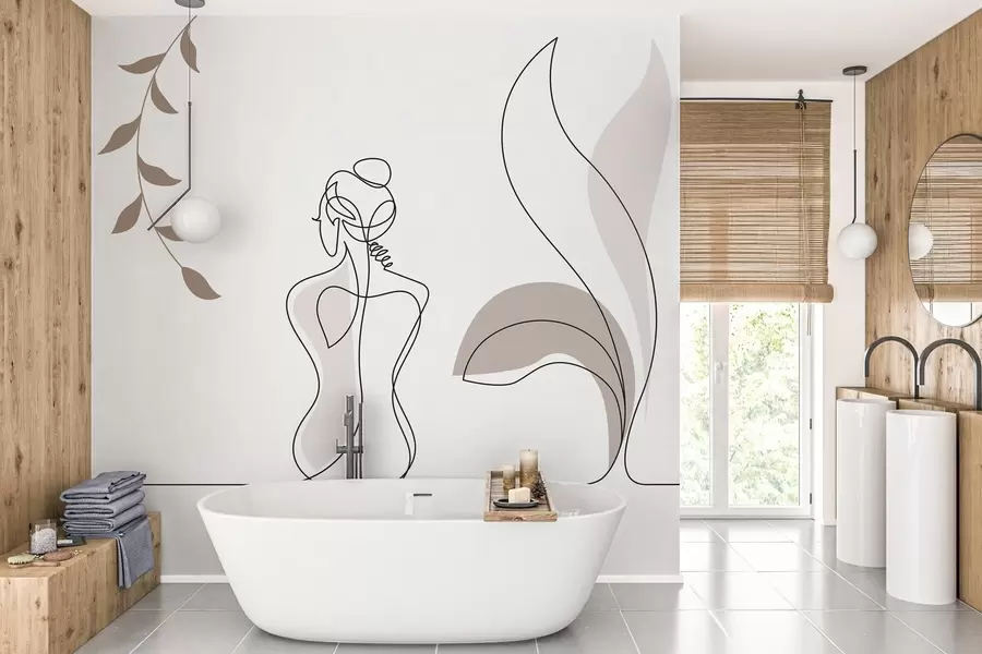 murales de pared silueta lineal de una mujer y hojas w04303