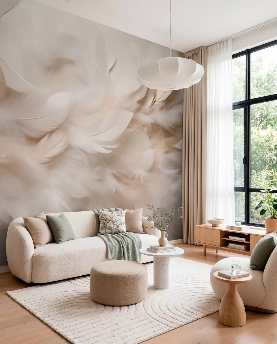murales de pared Plumas esponjosas y plumón en tonos crema w09274