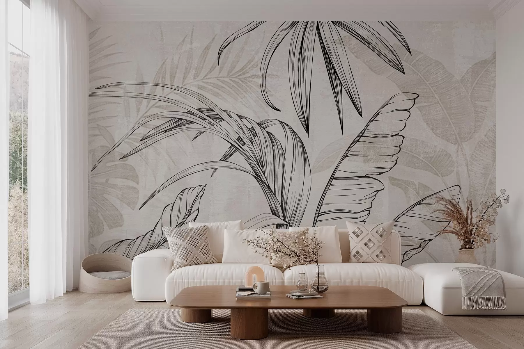 murales de pared Hojas sobre fondo con imitación de desenfoque y textura w04362