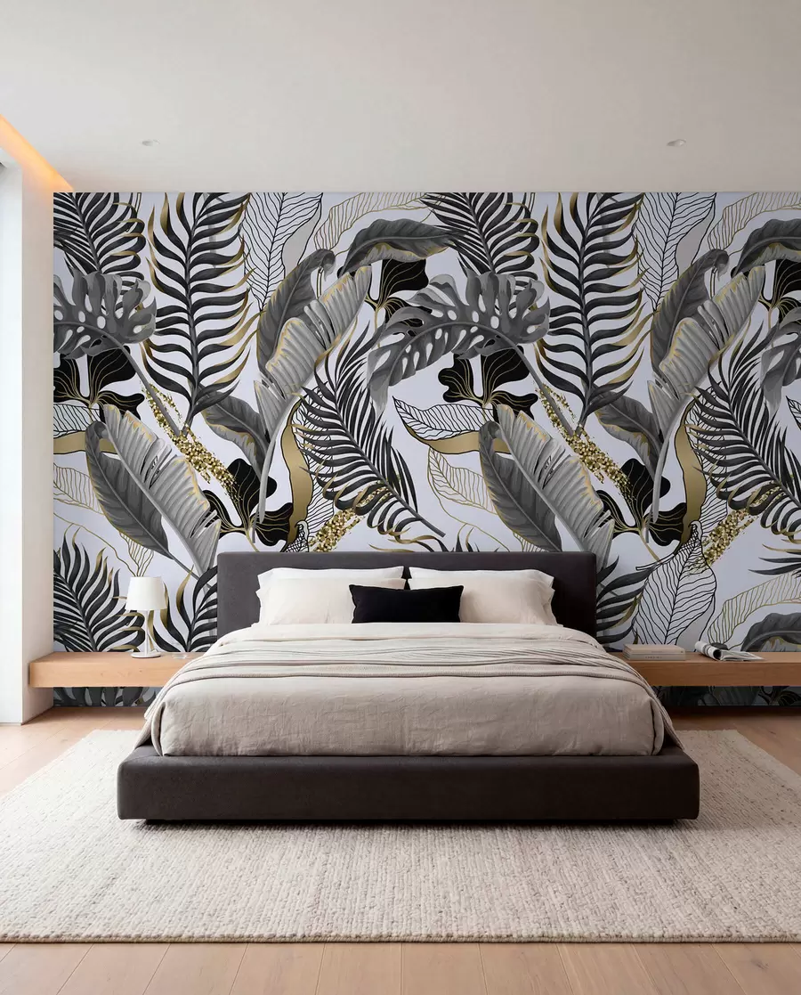murales de pared Hojas tropicales grises sobre fondo blanco u71888