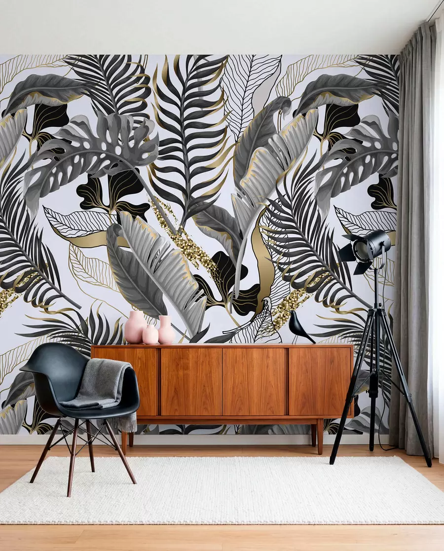 murales de pared Hojas tropicales grises sobre fondo blanco u71888