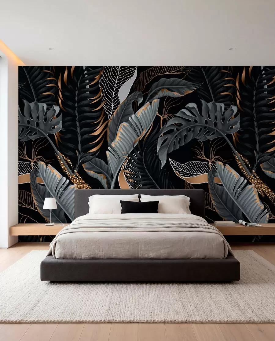murales de pared Follaje tropical sobre un fondo negro u71889