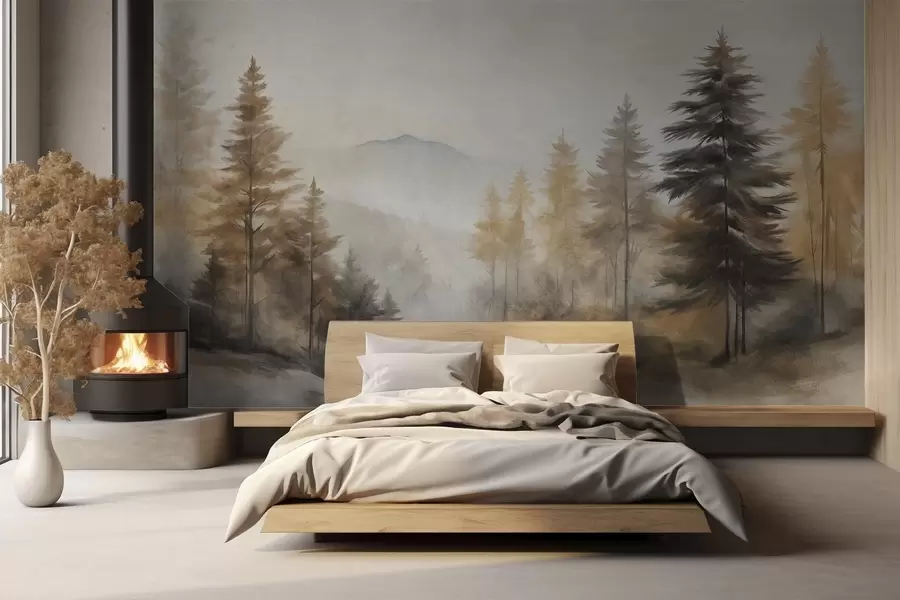 murales de pared Bosque otoñal texturizado con altos pinos y montañas al fondo, los colores son apagados y terrosos estilo pintura w09290