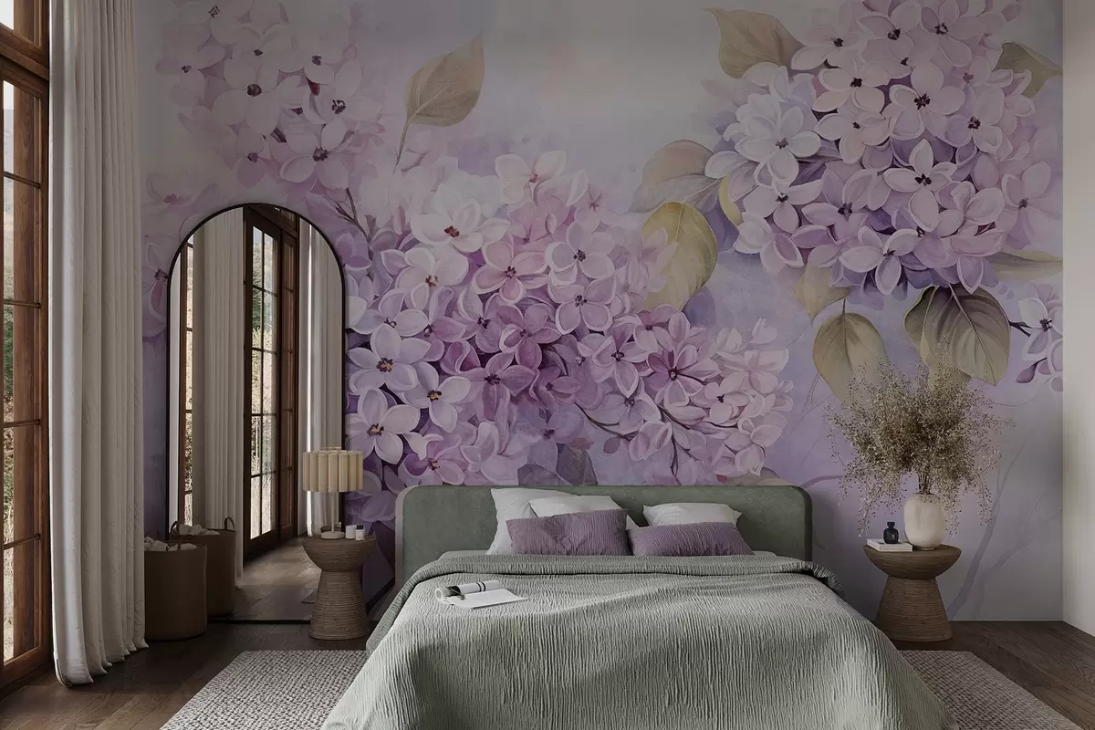 murales de pared Flores de textura lila con pétalos púrpura claro, hojas verde claro, estilo acuarela, colores suaves y pastel, pinceladas delicadas w09291