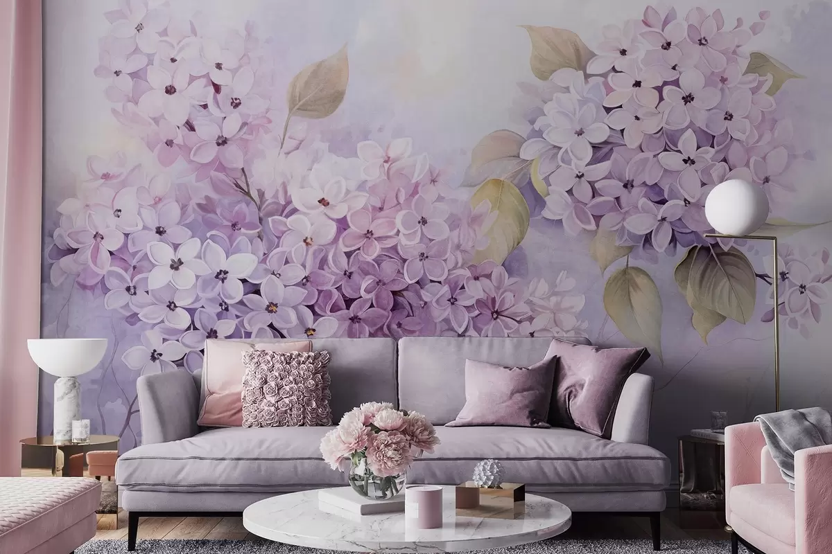 murales de pared Flores de textura lila con pétalos púrpura claro, hojas verde claro, estilo acuarela, colores suaves y pastel, pinceladas delicadas w09291