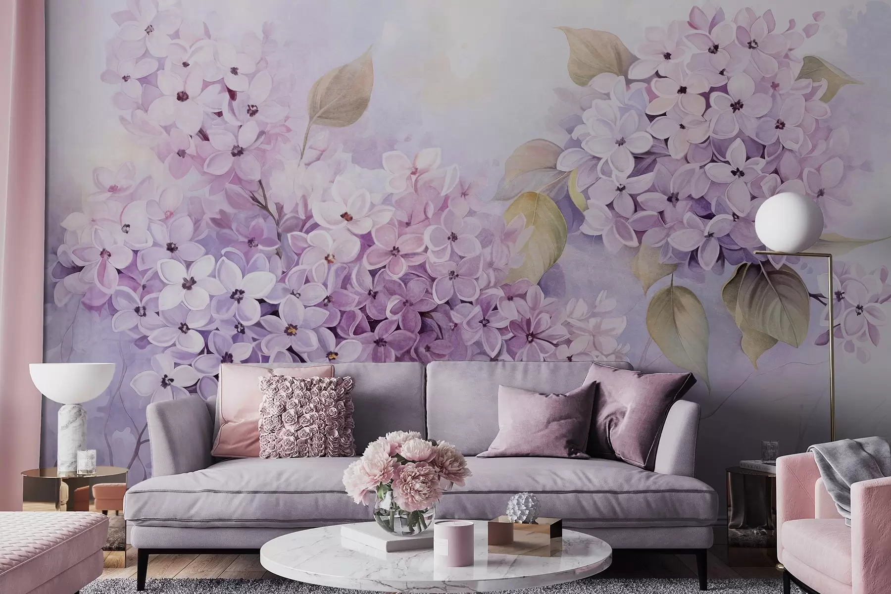 murales de pared Flores de textura lila con pétalos púrpura claro, hojas verde claro, estilo acuarela, colores suaves y pastel, pinceladas delicadas w09291